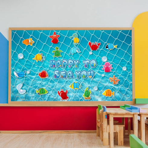 76 Pieces Ocean Themed Party Decorations Under Sea Cutouts with Ocean Sea Animals Honeycomb Centerpiece with Fishing Net for Classroom Bulletin Bo...