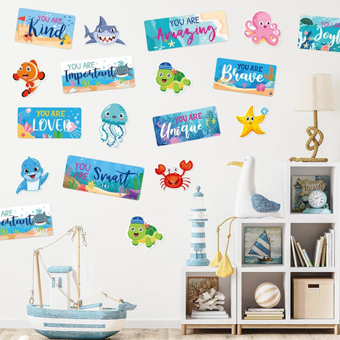 Whaline 26Pcs Ocean Bulletin Board Decoration Set Under The Sea Theme Motivational Poster Marine Animals Cutouts for Back to School Home Classroom...