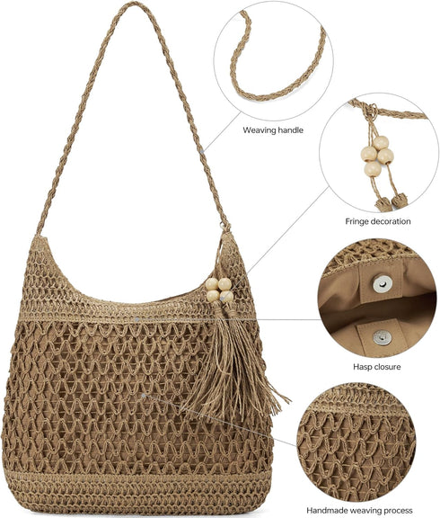 Straw Packable Mesh Beach Bag Large Beach Bag The Tote Bag for Women Hobo Bags for Women Crossbody Purses for Women Travel Beach Bag Woven Beach B...