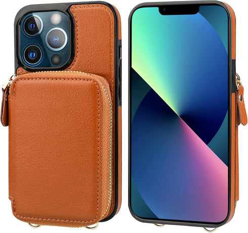 Bocasal RFID Blocking Wallet Case for iPhone 13 Pro Max, Adjustable Crossbody Zipper Purse with Kickstand and Detachable Wrist Strap, PU Leather F...
