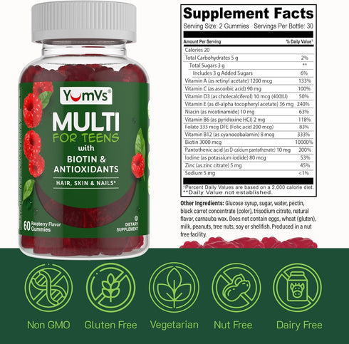 YumVs Teen Multivitamin Gummies with Biotin and Antioxidants - Raspberry Flavor - Hair Skin Nails Support - Vegetarian Kosher Teen Vitamins for Bo...