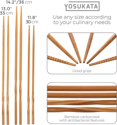 YOSUKATA Reusable Natural Wooden Long Cooking Chopsticks Set of 3 pairs: 11.8 inch, 13-inch, 14.2 inch Brown Long Wok Wooden Chopsticks Reusable...