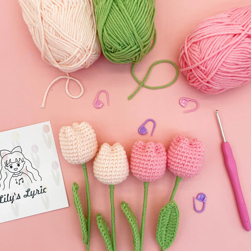 Lily's Lyric Flower Crochet Kit | Tulip Flowerpot | Step-by-Step Video Tutorial for Adults Teenagers | DIY Home Decoration Craft Gift Idea Pink...