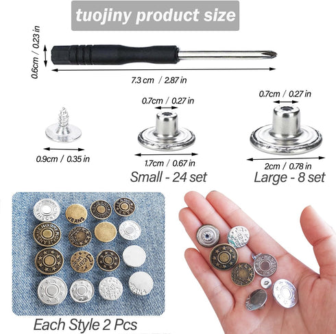 32 Sets Jeans Buttons Replacement, 17 mm and 20mm No-Sew Removable Metal Buttons Replacement Repair Combo Thread Rivets and Screwdrivers in Storag...