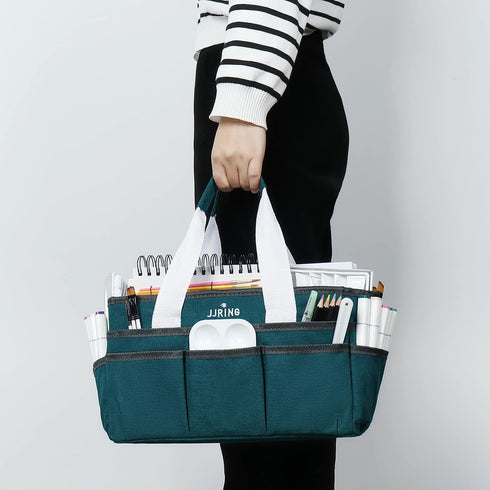 JJRING Craft Organizer Tote Bag for Art Storage, Caddy with Multiple Pockets, Bluish Green Sewing Bag for Scrapbooking, School, Medical, and Offic...
