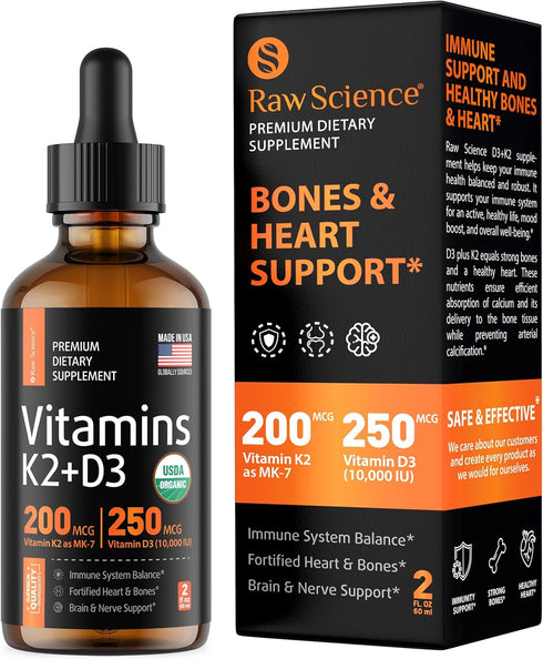 Liquid Vitamin D3 K2 10000 iu & 200 mcg - Vitamin D with MK7 Vitamin K2 Drops - Bone Density & Heart Support Liquid Vitamins for Women & Men, High...