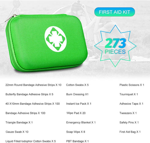 Car-Home Survival First-Aid Kit Emergency-Kit - Green 273Piece Equipment Travel Supplies First Aid Set Home Essentials Camping Hiking YIDERBO...