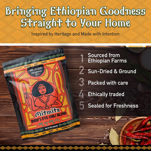 Brundo Ethiopian Spice Company Mitmita | Imported Authentic Ethiopian Spice Blend With Bird's Eye Chili Pepper (8 oz) | Processed in and Imported ...
