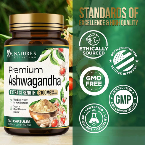 Herbal Ashwagandha 2,100 mg - Extra Strength Unwind, Calm & Relax Support with Black Pepper - Natural Focus & Energy Support - Ashwagandha Powder ...