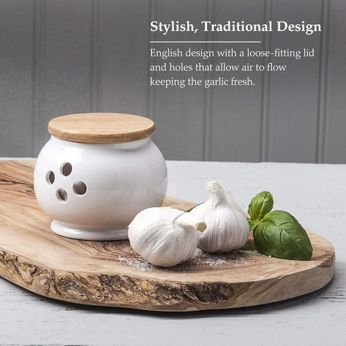 WM Bartleet & Sons 1750 Traditional Porcelain Garlic Storage Pot with Wooden Lid 10cm – White, One Size...