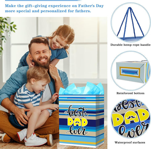 FaCraft Fathers Day Gift Bag - 13" Large Happy Father's Day Gift Bags with Tissue Paper Best Dad Ever Paper Bag with Handle for Dad Stepdad Grandf...