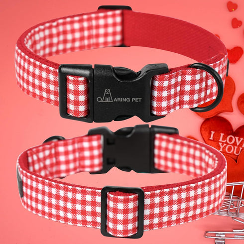 ARING PET Valentine's Day Dog Collar-Cute Cotton Heart Dog Collars, Adjustable Valentine Plaid Pet Collars Girl Puppy Collar with Quick Release Bu...