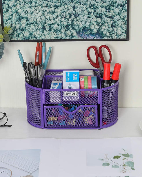 EasyPAG Desk Organizer Mesh Desktop Office Supplies Multi-functional Caddy Pen Holder Stationery with Drawer,Purple...