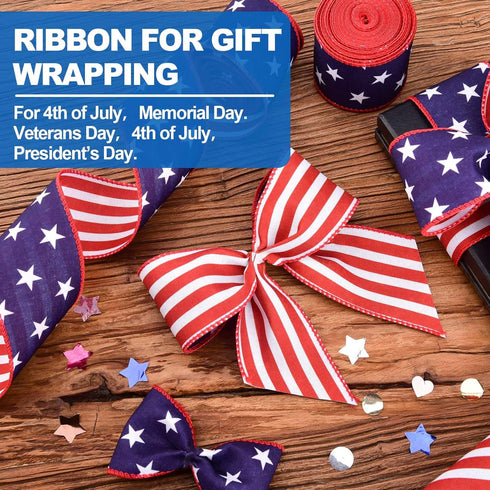2 Rolls Patriotic Wired Edge Ribbon Stars and Stripes Reversible Ribbons Red White Blue Decorative Ribbon for 4th of July Memorial Day Bow Wreath ...