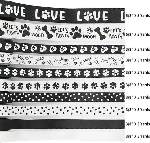 HUIHUANG Paw Print Bone Satin Ribbon Assortment - Black and White, 3/8" & " 5/8" Inch, 10 Rolls 50 Yards - Assorted Ribbon for Crafts, Dog Party S...