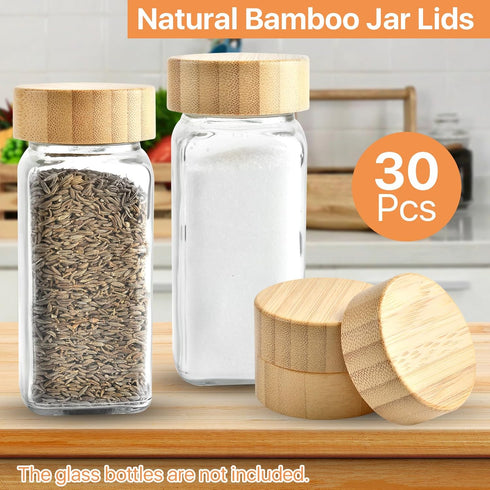 30 Pcs Bamboo Jar Lids, Airtight Bamboo Lids for 4 oz and 8 Square Spice Jars, Good Sealing for Bamboo Wooden Lid, Storage Spice Jars Lids, Round ...