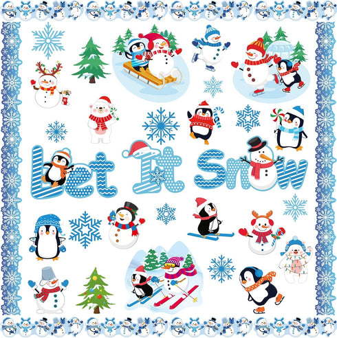 62 Pieces Winter Bulletin Board Decorations Penguin Snowflake Snowman Cutouts Christmas Tree Cutouts Winter Snow Bulletin Board Set with Glue Poin...