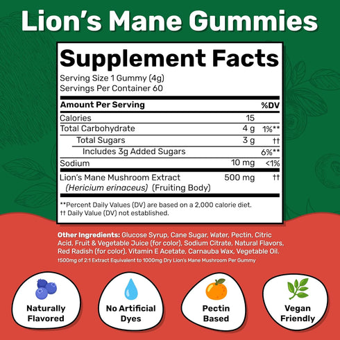 Lion's Mane Mushroom Gummies | Blueberry & Strawberry | 60 Servings | Mushroom Gummies for Adults for Brain Fog | Focus, Memory & Mood Mushroom Su...