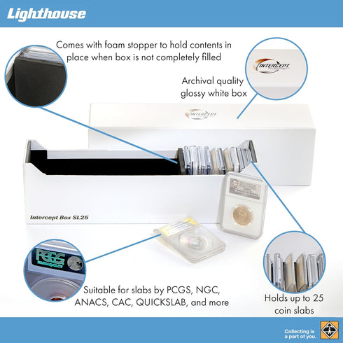 Lighthouse - Storage Box SL 25 for 25 Coin Slabs Including PCGS, NGC, ANACS with INTERCEPT TECHNOLOGY Corrosion Protection (12 1/2" x 3" x 3 3/4")...