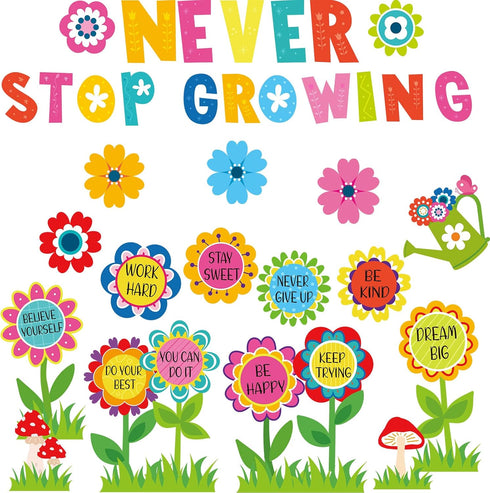 Funrous 90 Pcs Never Stop Growing Bulletin Board Decorations Summer Spring Classroom Theme Decor Positive Bulletin Board Set Flower Cutouts Inspir...