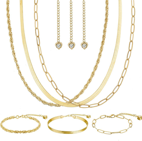 14K Gold Layered Link Chain Necklace Bracelet set for Women Gold Chain Choker Necklaces Link Chain Stackable Bracelets for Women Gifts Jewelry...