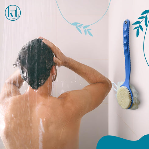 2in1 Shower Brush with Loofah - Long Handle Back Scrubber Brush Exfoliating Skin Bath Mesh Sponge Back, Body, and Feet, Soft Massage Bristles for ...