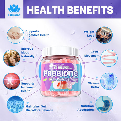 Sugar Free Probiotic Gummies 60 Billion CFU 11 Strains with Prebiotics Fiber, Probiotics Filled Gummies for Women Men Digestive Health, Peach Flav...