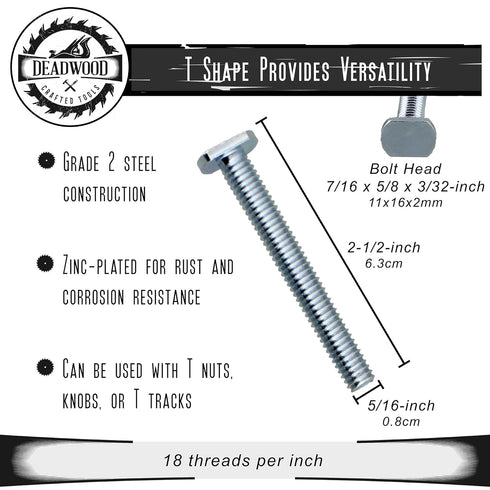 DCT Tee Bolt Set – 20 Pack 2-1/2in T Bolts for Woodworking, T Track Bolts Jig Bolts, 5/16in 18 Thread T Bolt...