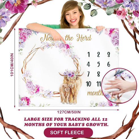 Highland Cow Baby Monthly Milestone 40 x 50'' Blanket Scotland Cow Flower Prop Blanket for Baby Girl Highland Cow Baby Blankets Newborn Infant Swa...