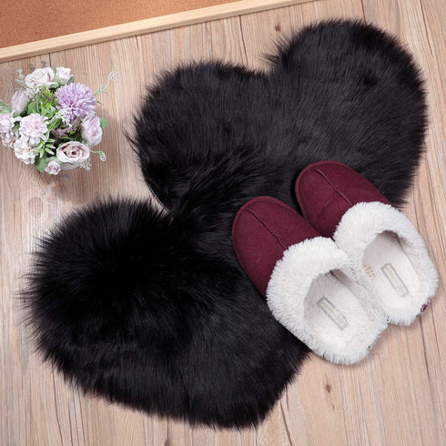 Mudder 2 Pieces Heart Shaped Rug Faux Room Fluffy Carpet Heart Shaped Door Mat for Room Bedroom, 12 x 16 Inch(Black)...