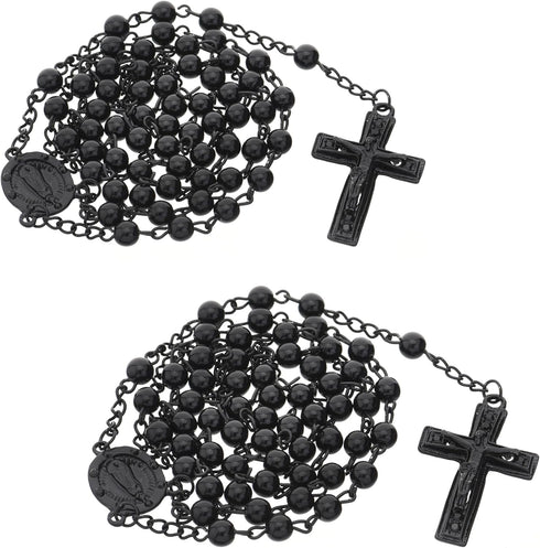 metaltree98 2 PCS Rosary 6 mm Black Bead Guadalupe & Jesus Cross 28" Necklace HR 600 BK...