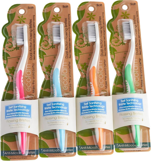 Compostable Toothbushes, Dual Action Flossing Bristles, Silver Infused Soft Bristle Toothbrush, Natural Toothbrushes for Adults, Multi Color, 4-Pa...