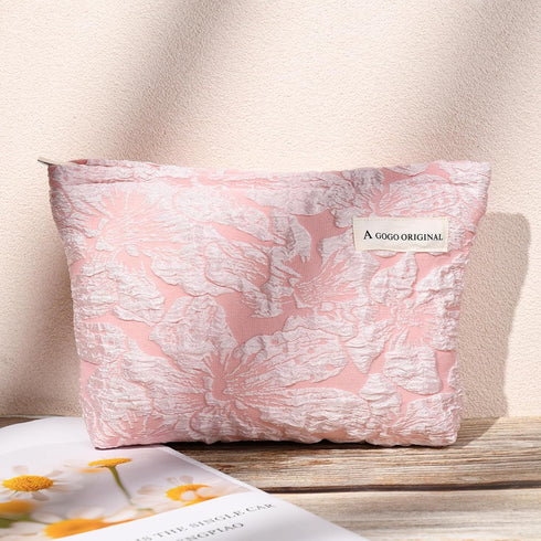 2 Pieces Embossed Pink Flower Makeup Bag Large Floral Cosmetic Bag Capacity Canvas Travel Toiletry Bag Organizer Cute Makeup Brushes Aesthetic Acc...