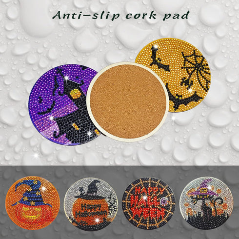 LINGFANG 6 Pcs Diamond Painting Coasters Kits, Helloween DIY Diamond Art with Holder & Cork Pad Non Slip Coaster for Beginners, Diamond Painting C...