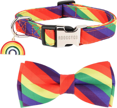 ADOGGYGO Rainbow Dog Collar with Bowtie, Adjustable Striped Dog Bow Collar, LGBT Pride Rainbow Collars for Small Medium Large Dogs Pets (Large, Ra...