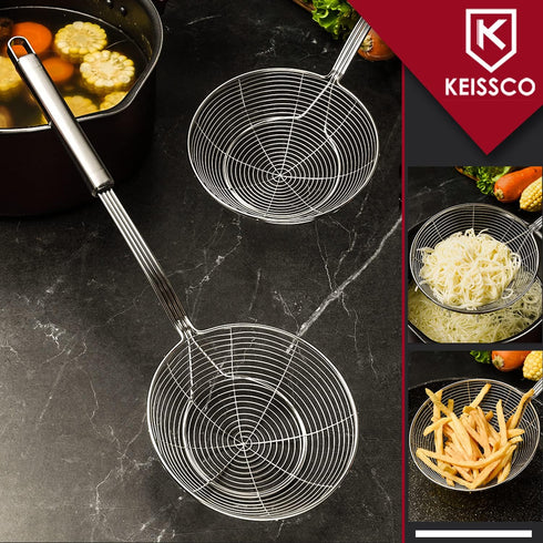 Stainless Steel Spider Strainer Skimmer Spoon For Frying and Cooking - Set of 3 Solid Wire Asian Strainer Ladle Pasta Strainer with Long Handle, P...