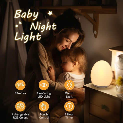JolyWell Night Light for Kids, Baby Egg Light with 7 Colors Changing Mode & Stepless Dimming, Nursery Night Lamp BPA Free,Rechargeable Egg Night L...