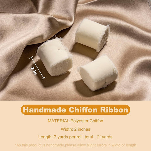 Chiffon Ribbon, 3 Rolls Cream White Handmade Fringe Chiffon Silk Ribbon 1.5" x 7Yd Ribbons Set for Wedding Invitations, Bridal Bouquets, Gifts Wra...