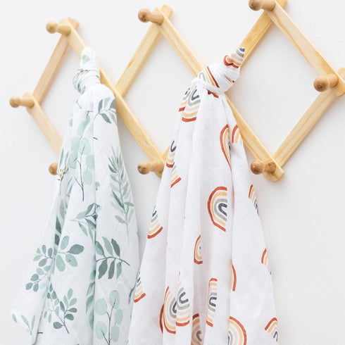 Organic Swaddle Blanket and Hat Set - Boho Baby Receiving Blanket Neutral - Soft Organic Cotton and Bamboo Muslin Swaddle Blanket, Eucalyptus Leav...