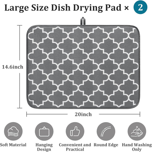 Dish Drying Mat, 2 Pack Super Absorbent Microfiber Dish Drying Mats for Kitchen Counter, Dish Drying Pad for Dishes, Pots and Pans, Sinks, Drainin...