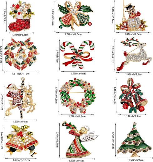 12 Pcs Christmas Brooch Pins Set for Women Rhinestone Crystal Christmas Tree Wreath Snowman Reindeer Christmas Ornament Jewelry Pins Gift...