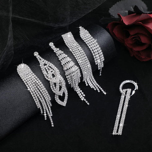 Sureio 6 Pairs Long Earrings Silver Chandelier Tassel Dangle Earrings for Women Wedding Prom Party Jewelry Fringe Rhinestone Earrings Boho Tassel ...
