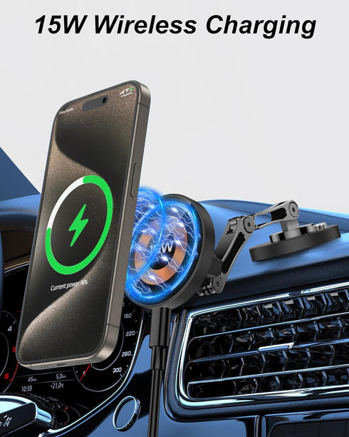 Magnetic Car Mount Charger for Mag-Safe, 15W Wireless Fast Charger Phone Holder for Car with Adhesive, 360° Rotatable Zinc Alloy Handsfree Phone S...