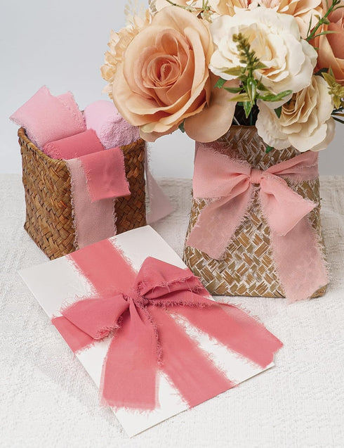 Chiffon Ribbon, Pink Party Decoration, Handmade Frayed Fringe Sheer Silk Ribbons for Gift Wrapping, Floral Vase Decoration, Graduation, Birthday, ...