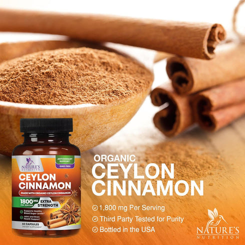 Pure Cinnamon Capsules, Certified Organic Ceylon Cinnamon Pills, Non-GMO, Gluten-Free, Dairy-Free, Sri Lanka Cinnamon Powder Supplement, Best Vega...