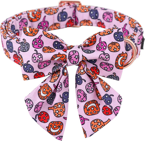 ARING PET Halloween Dog Collar-Cute Pink Pumpkin Dog Collar with Sailor Bowtie, Cotton Halloween Pumpkin Lamp Dog Collars with Metal Buckle...