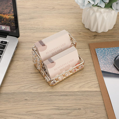 Hipiwe 2 Tiers Crystal Business Card Holder Stand Gold Mirrored Business Card Display Stand Organizer Desktop Business Card Storage Holder for Off...