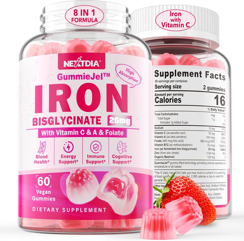 Vegan Iron Filled Gummies for Women, Non Constipating High Absorption 26mg Gentle Bisglycinate Iron w/Vitamin C, Folate, Beet Root, B12 for Iron D...