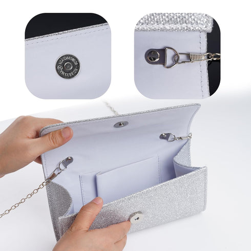 4 Pieces Women Evening Rhinestone Jewelry Set Bling Glitter Silver Clutch Purse Necklace Earrings Bracelets for Women Bride Wedding Evening Party...