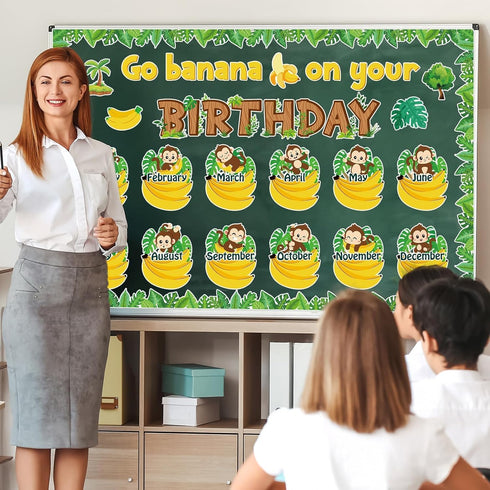 Jungle Theme Monkey Birthday Bulletin Board Set Classroom Happy Birthday Chart Cutouts Safari Decorations for Calendars Bulletin Boards Wall Presc...